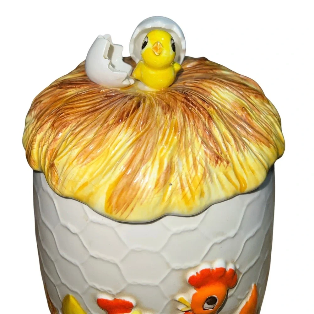 Vintage Sears 1976 Ceramic Chicken Nest Cookie Jar Farmhouse White Yellow Orange